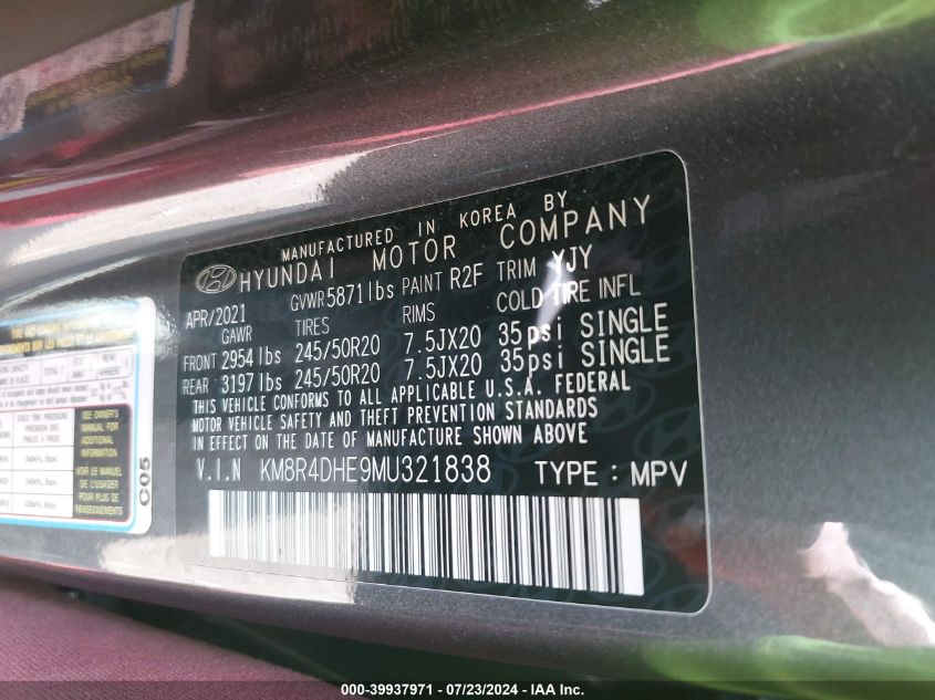 KM8R4DHE9MU321838 2021 Hyundai Palisade Sel