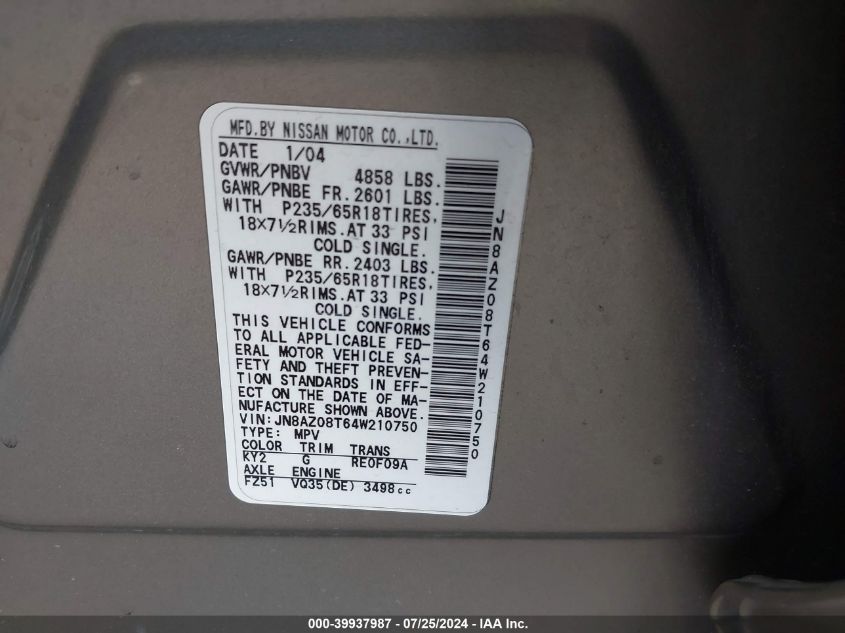 2004 Nissan Murano Sl/Se VIN: JN8AZ08T64W210750 Lot: 39937987