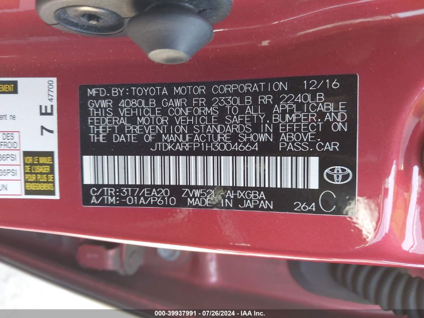 2017 Toyota Prius Prime Premium VIN: JTDKARFP1H3004664 Lot: 39937991