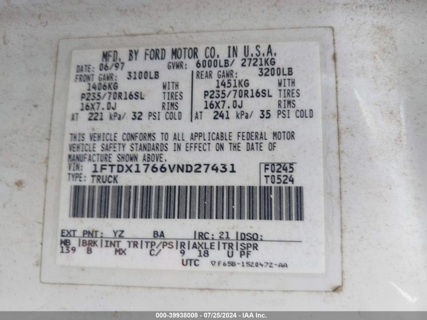 1997 Ford F150 VIN: 1FTDX1766VND27431 Lot: 39938008