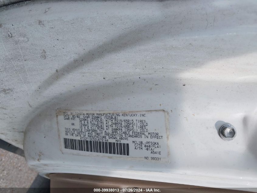 2002 Toyota Sienna Xle VIN: 4T3ZF13C52U479144 Lot: 39938013