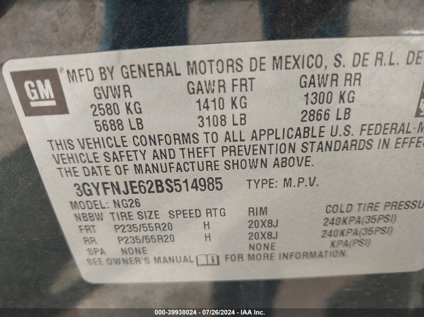 2011 Cadillac Srx Turbo Performance VIN: 3GYFNJE62BS514985 Lot: 39938024