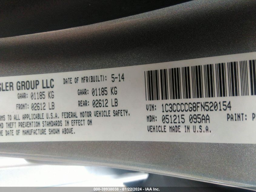 2015 Chrysler 200 C VIN: 1C3CCCCG8FN520154 Lot: 39938038