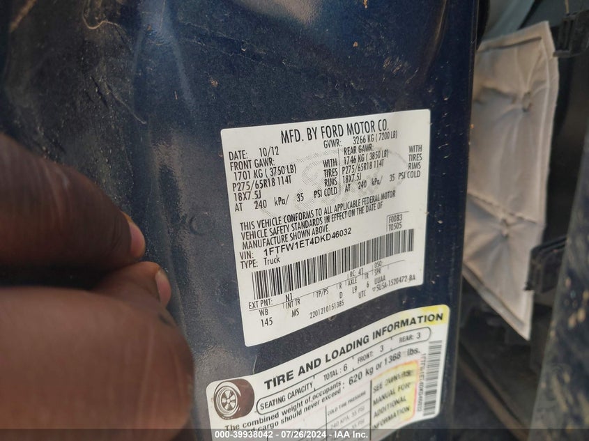 2013 Ford F150 Supercrew VIN: 1FTFW1ET4DKD46032 Lot: 39938042