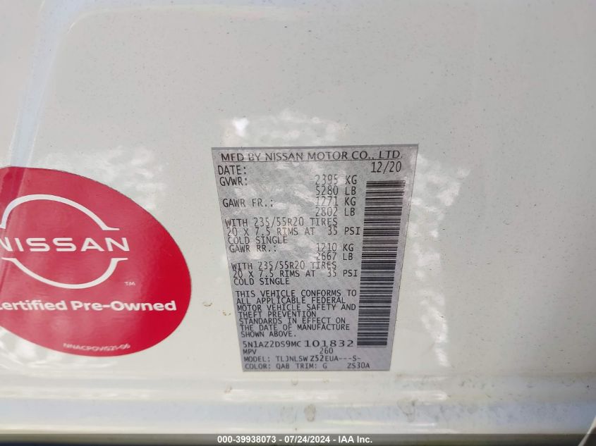 2021 Nissan Murano Platinum Intelligent Awd VIN: 5N1AZ2DS9MC101832 Lot: 39938073