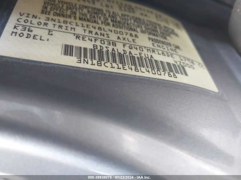 2008 Nissan Versa 1.8S VIN: 3N1BC11E48L400788 Lot: 39938078