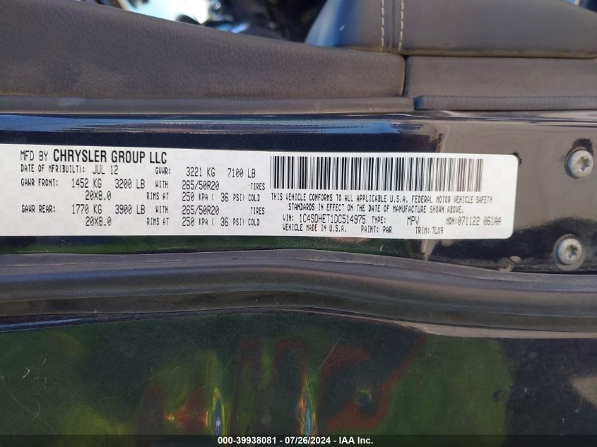 2013 Dodge Durango Citadel VIN: 1C4SDHET1DC514975 Lot: 39938081