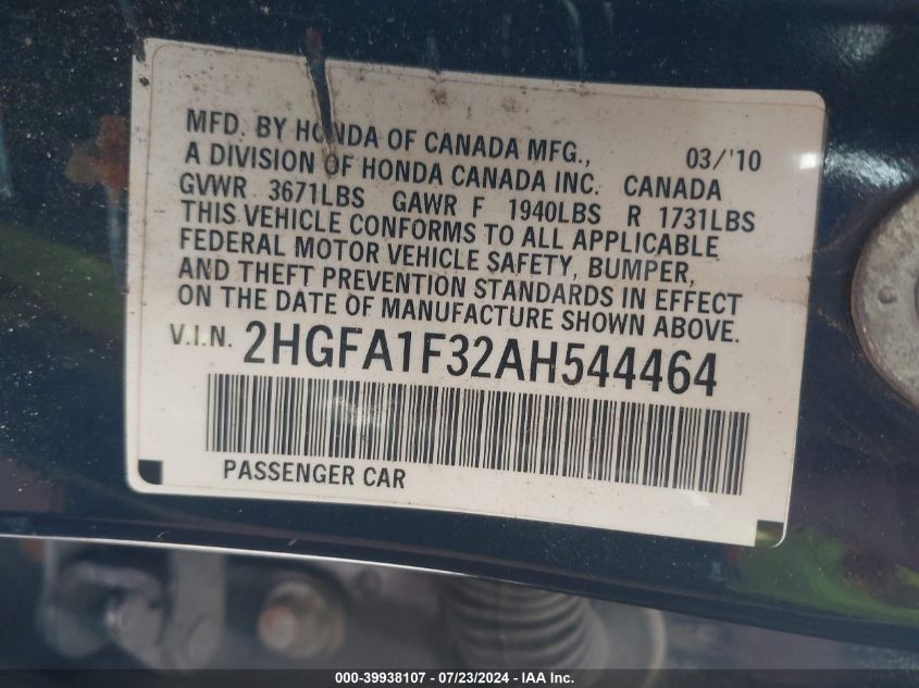 2010 Honda Civic Vp VIN: 2HGFA1F32AH544464 Lot: 39938107