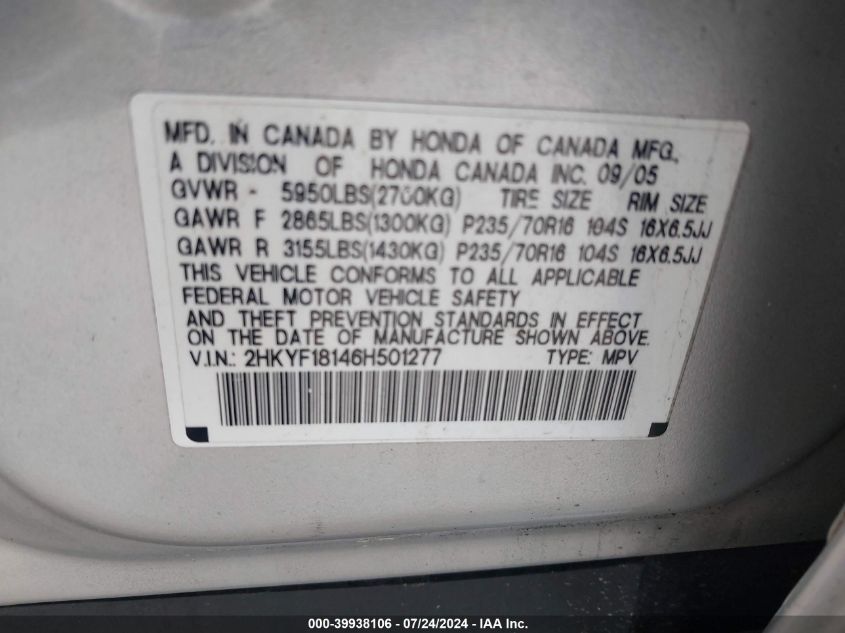 2006 Honda Pilot Lx VIN: 2HKYF18146H501277 Lot: 39938106