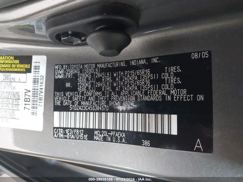 2005 Toyota Sienna Ce/Le VIN: 5TDZA23C45S384570 Lot: 39938108