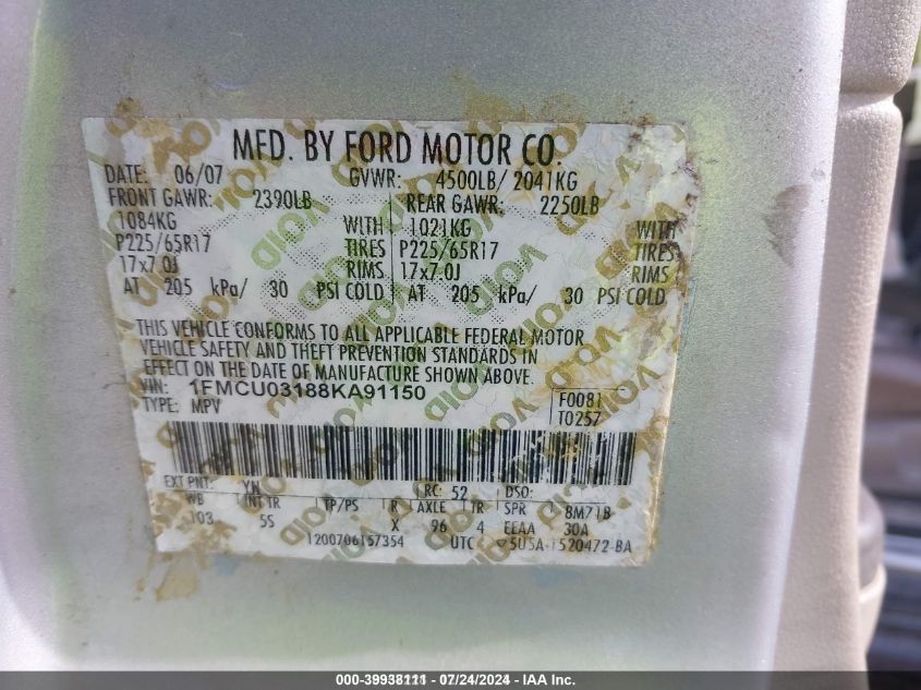 1FMCU03188KA91150 2008 Ford Escape Xlt