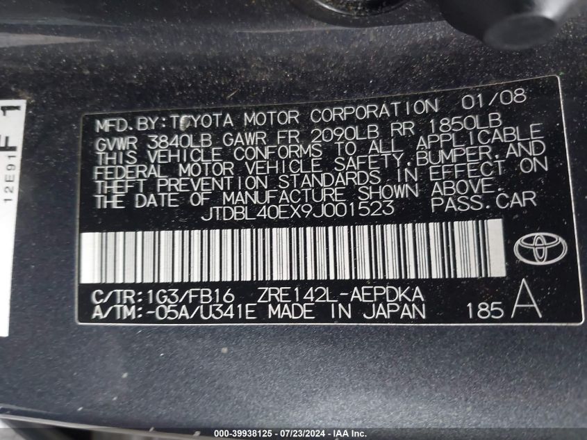 2009 Toyota Corolla Le/Xle VIN: JTDBL40EX9J001523 Lot: 39938125