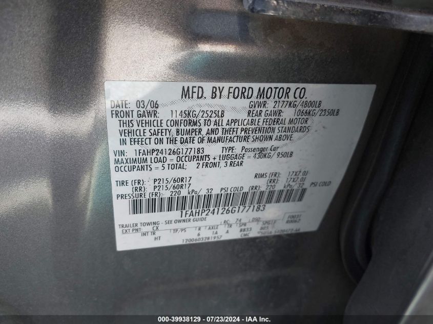 2006 Ford Five Hundred Sel VIN: 1FAHP24126G177183 Lot: 39938129