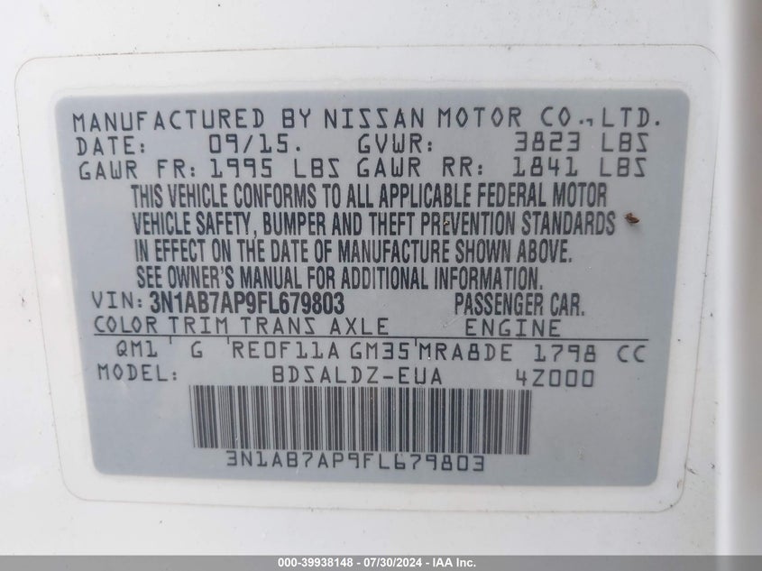 2015 Nissan Sentra Sv VIN: 3N1AB7AP9FL679803 Lot: 39938148