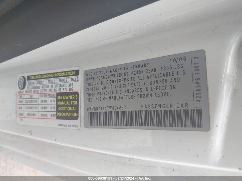 2007 Volkswagen Rabbit 2-Door VIN: WVWBR71K47W094687 Lot: 39938151