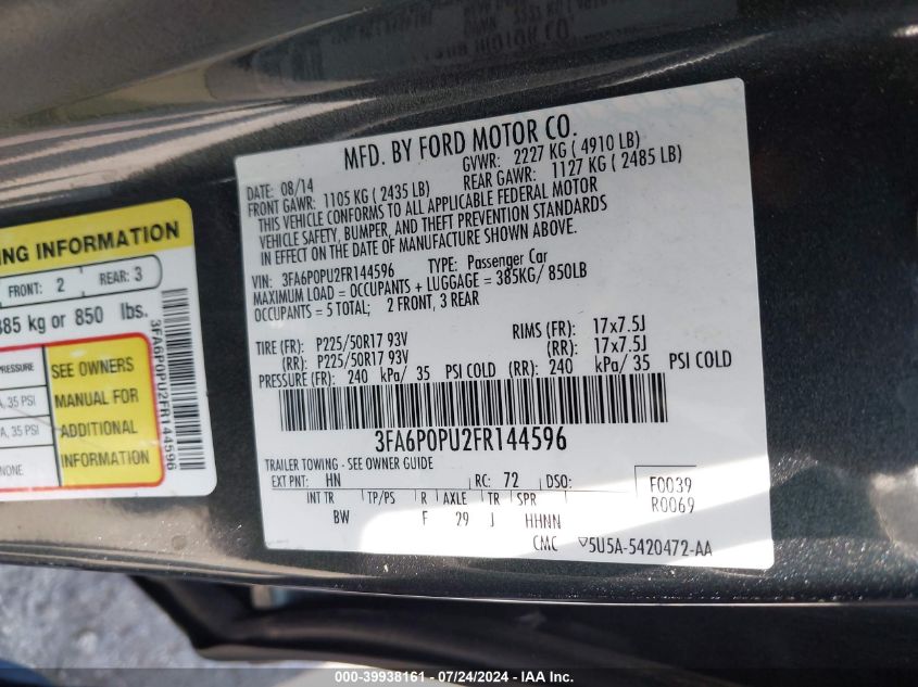 2015 Ford Fusion Energi Se Luxury VIN: 3FA6P0PU2FR144596 Lot: 39938161