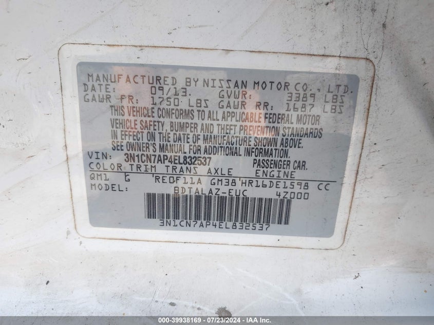 2014 NISSAN VERSA 1.6 S+ - 3N1CN7AP4EL832537