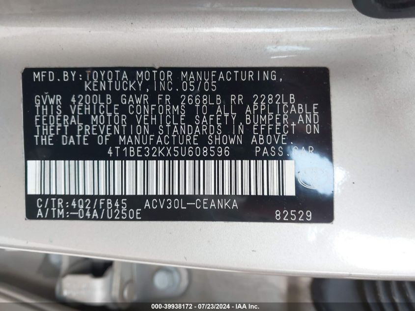 4T1BE32KX5U608596 2005 Toyota Camry Le