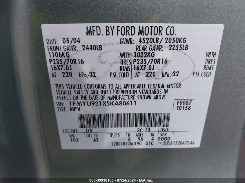 2005 Ford Escape Xlt VIN: 1FMYU931X5KA80611 Lot: 39938183