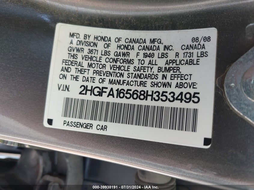 2008 Honda Civic Sdn Lx VIN: 2HGFA16568H353495 Lot: 39938191
