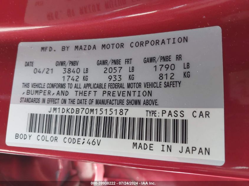 2021 Mazda Cx-3 Sport VIN: JM1DKDB70M1515187 Lot: 39938222