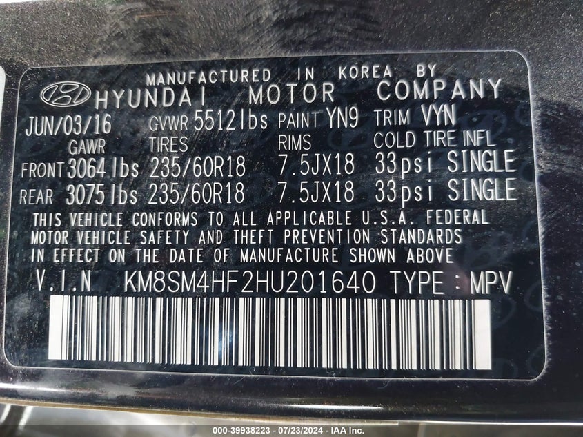 2017 Hyundai Santa Fe Se VIN: KM8SM4HF2HU201640 Lot: 39938223