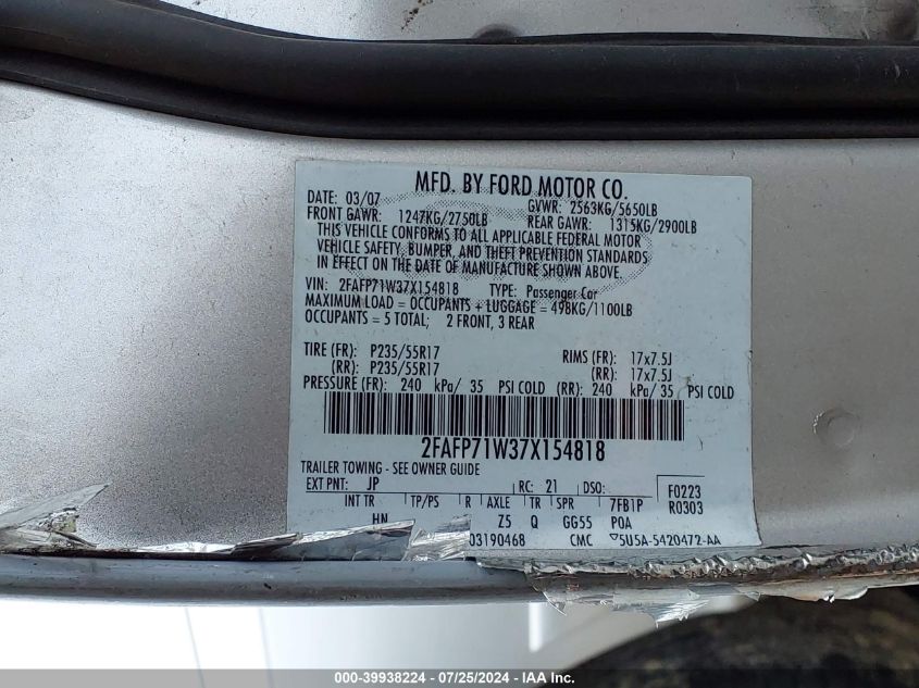 2007 Ford Crown Victoria Police/Police Interceptor VIN: 2FAFP71W37X154818 Lot: 39938224