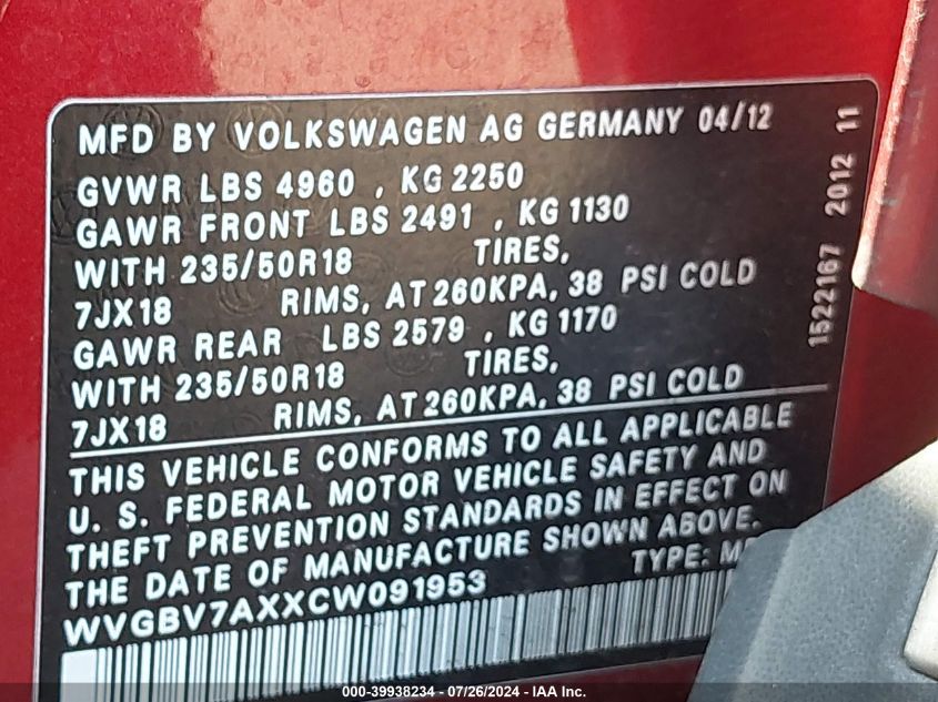 2012 Volkswagen Tiguan S VIN: WVGCV7AXXCW091953 Lot: 39938234