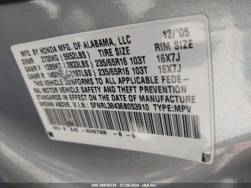 2006 Honda Odyssey Ex VIN: 5FNRL38436B053910 Lot: 39938239