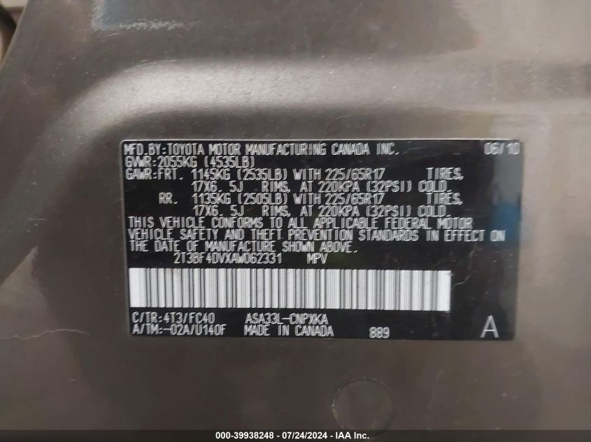 2010 Toyota Rav4 VIN: 2T3BF4DVXAW062331 Lot: 39938248