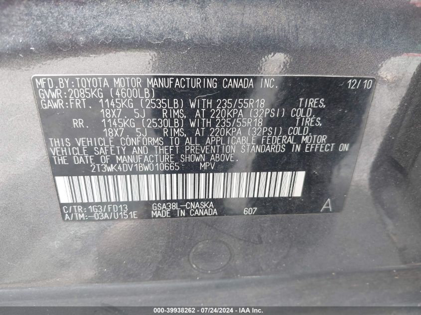 2011 Toyota Rav4 Sport V6 VIN: 2T3WK4DV1BW010665 Lot: 39938262