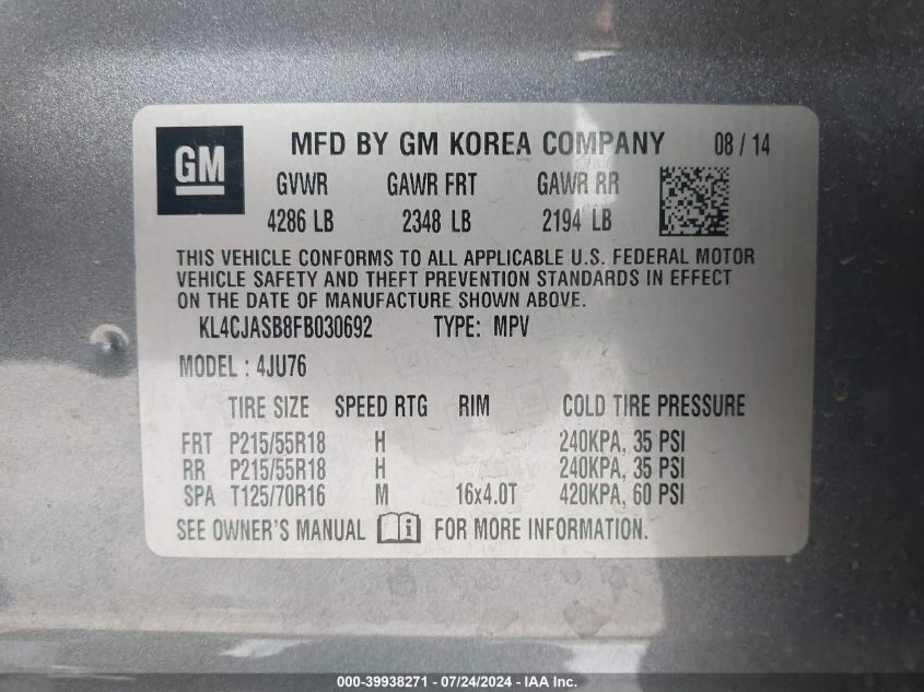 2015 Buick Encore VIN: KL4CJASB8FB030692 Lot: 39938271