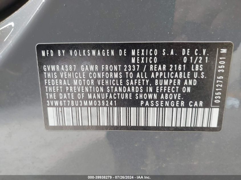 2021 Volkswagen Jetta Gli 2.0T Autobahn/2.0T S VIN: 3VW6T7BU3MM039241 Lot: 39938279
