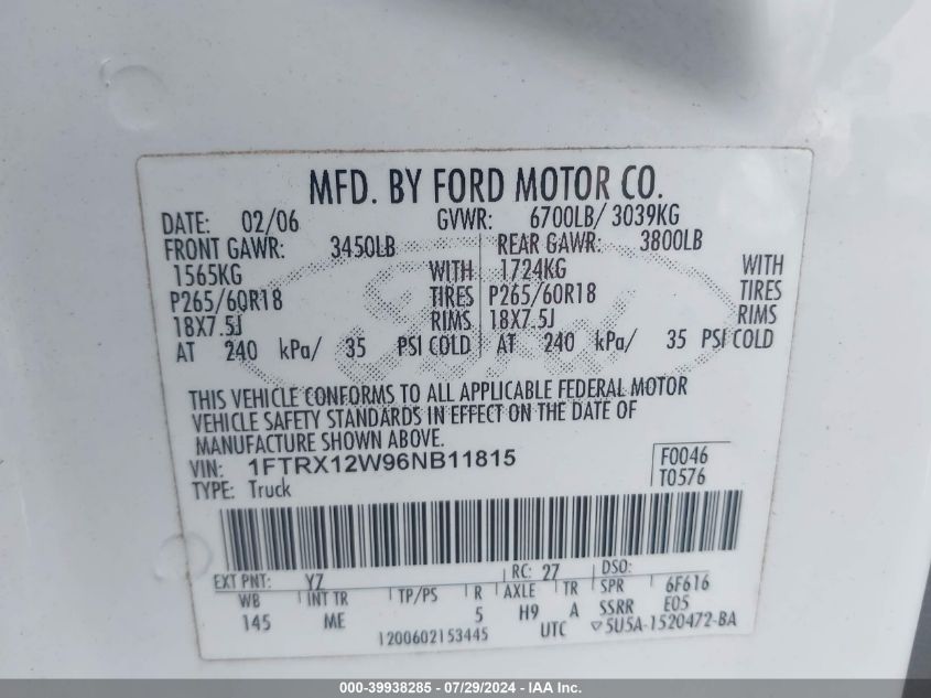 2006 Ford F-150 Stx/Xl/Xlt VIN: 1FTRX12W96NB11815 Lot: 39938285