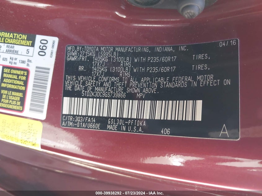 2016 Toyota Sienna L VIN: 5TDZK3DC9GS739866 Lot: 39938292