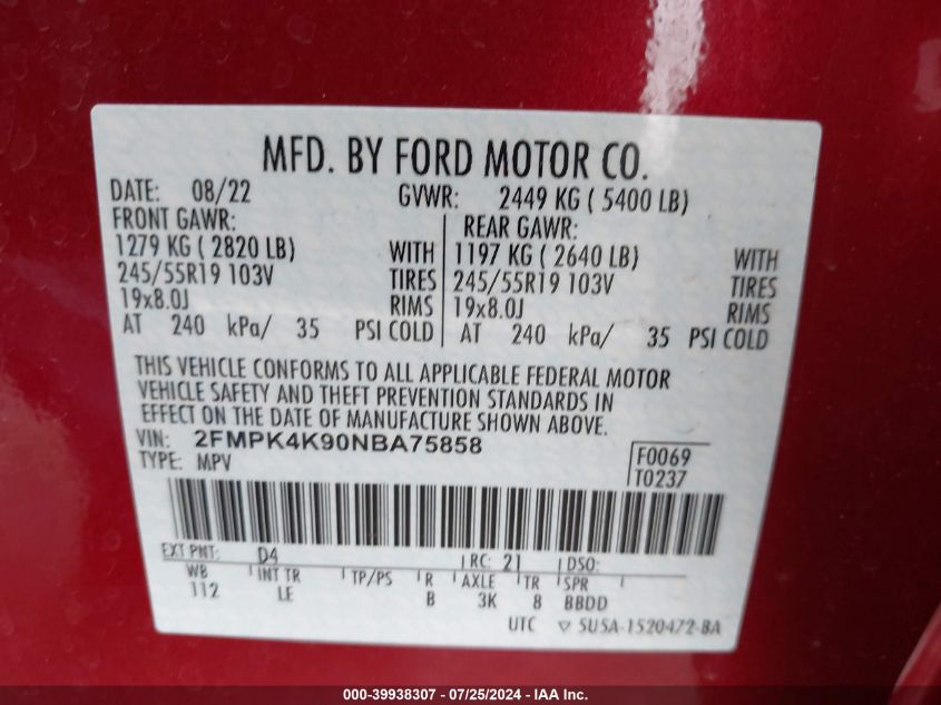 2022 Ford Edge VIN: 2FMEK4K90NBA75858 Lot: 39938307