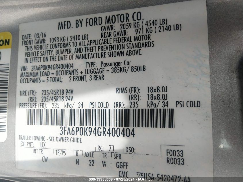 2016 Ford Fusion Titanium VIN: 3FA6P0K94GR400404 Lot: 39938309