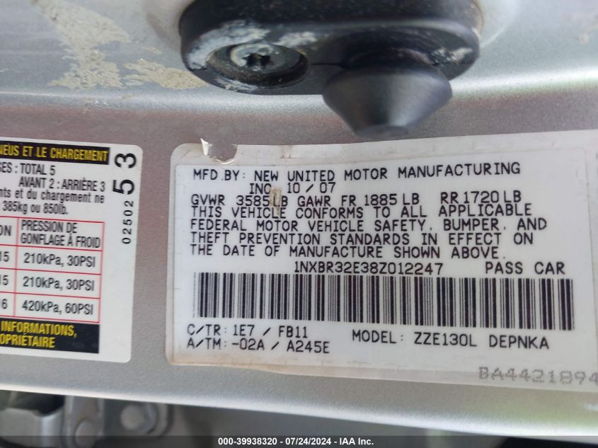 2008 Toyota Corolla Le VIN: 1NXBR32E38Z012247 Lot: 39938320