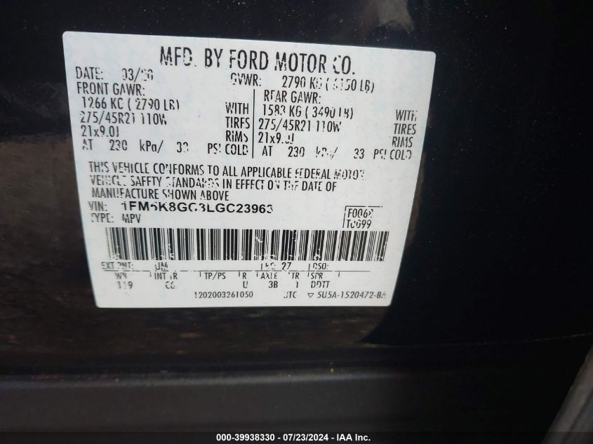 2020 Ford Explorer St VIN: 1FM5K8GC3LGC23963 Lot: 39938330