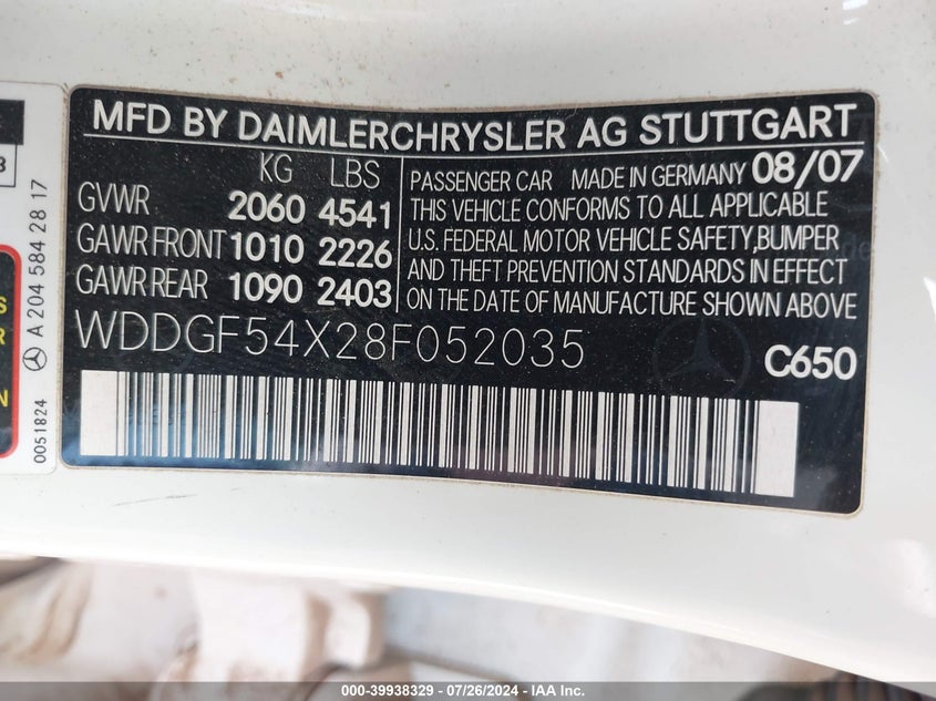 2008 Mercedes-Benz C 300 Luxury/Sport VIN: WDDGF54X28F052035 Lot: 39938329