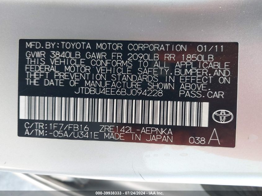 2011 Toyota Corolla VIN: JTDBU4E6BJ094228 Lot: 39938333