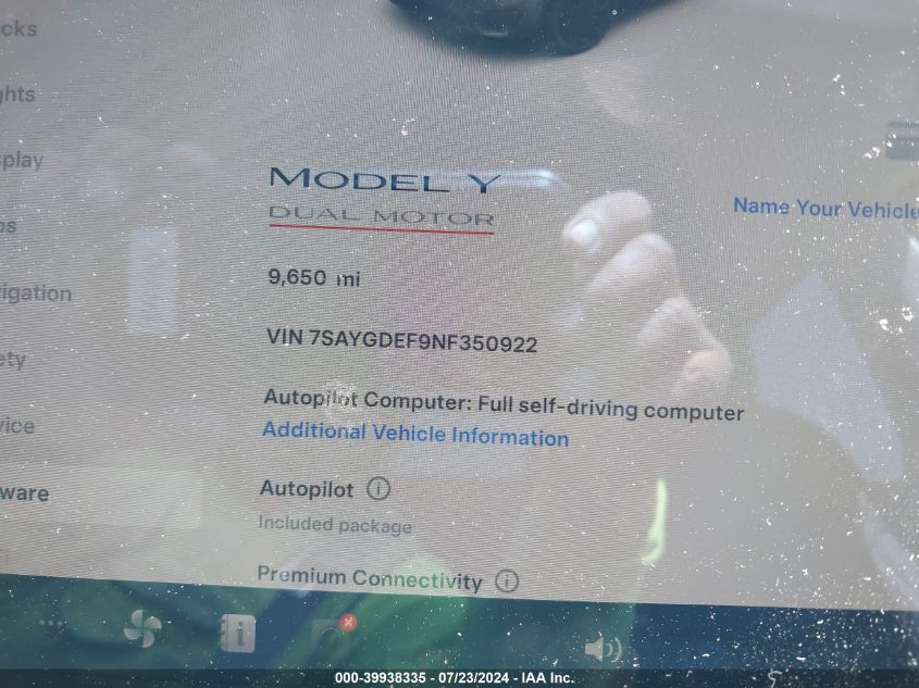 2022 Tesla Model Y Performance Dual Motor All-Wheel Drive VIN: 7SAYGDEF9NF350922 Lot: 39938335