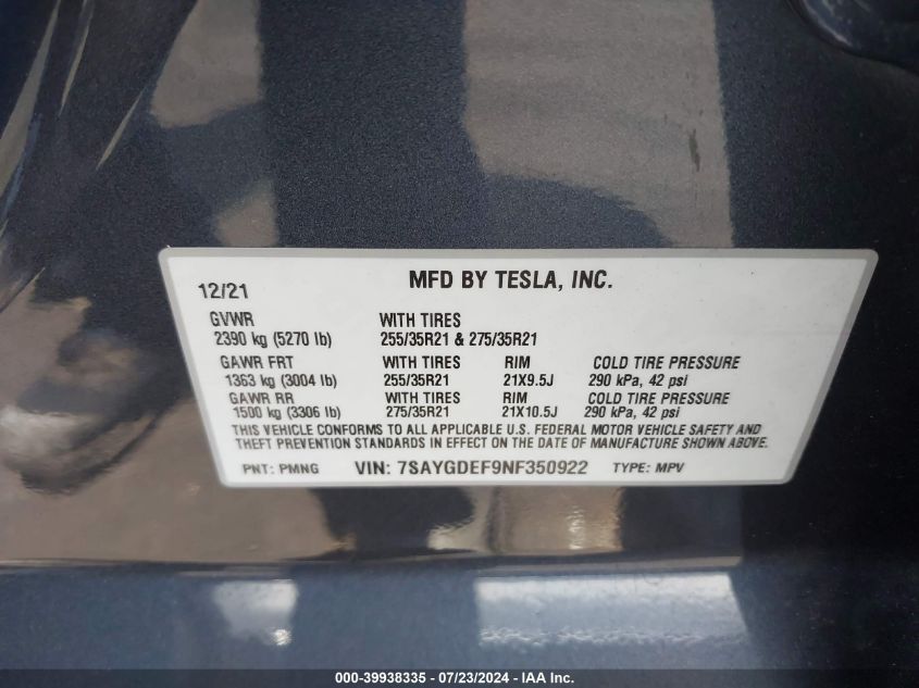 2022 Tesla Model Y Performance Dual Motor All-Wheel Drive VIN: 7SAYGDEF9NF350922 Lot: 39938335