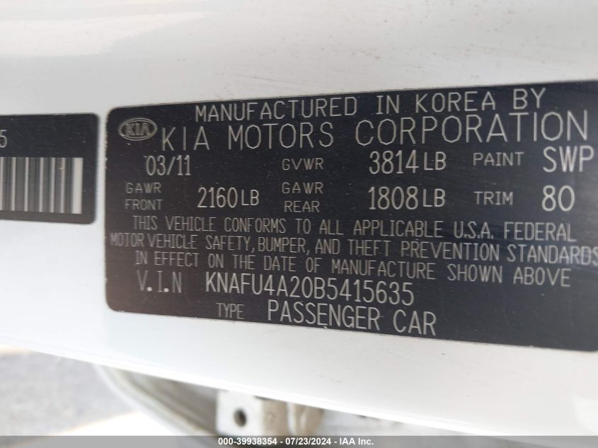 2011 Kia Forte Ex VIN: KNAFU4A20B5415635 Lot: 39938354