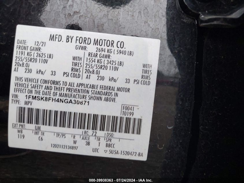 2022 Ford Explorer Limited VIN: 1FMSK8FH4NGA30871 Lot: 39938363