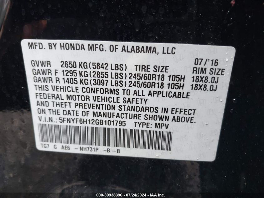 2016 Honda Pilot Lx VIN: 5FNYF6H12GB101795 Lot: 39938396