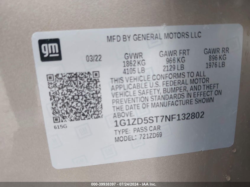 2022 Chevrolet Malibu Lt VIN: 1G1ZD5ST7NF132802 Lot: 39938397