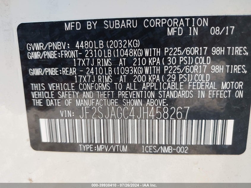 2018 Subaru Forester 2.5I Premium VIN: JF2SJAGC4JH458267 Lot: 39938410