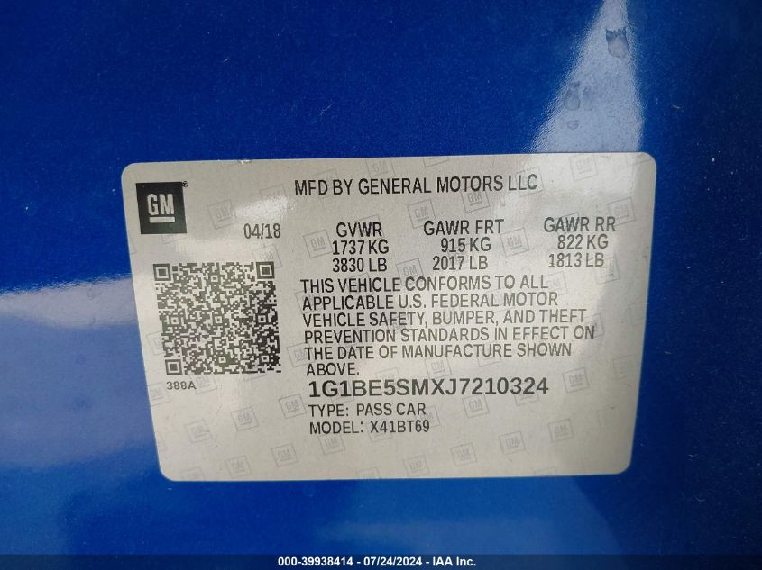 2018 Chevrolet Cruze Lt Auto VIN: 1G1BE5SMXJ7210324 Lot: 39938414