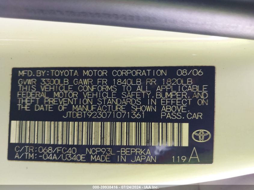 2007 Toyota Yaris VIN: JTDBT923071071361 Lot: 39938416